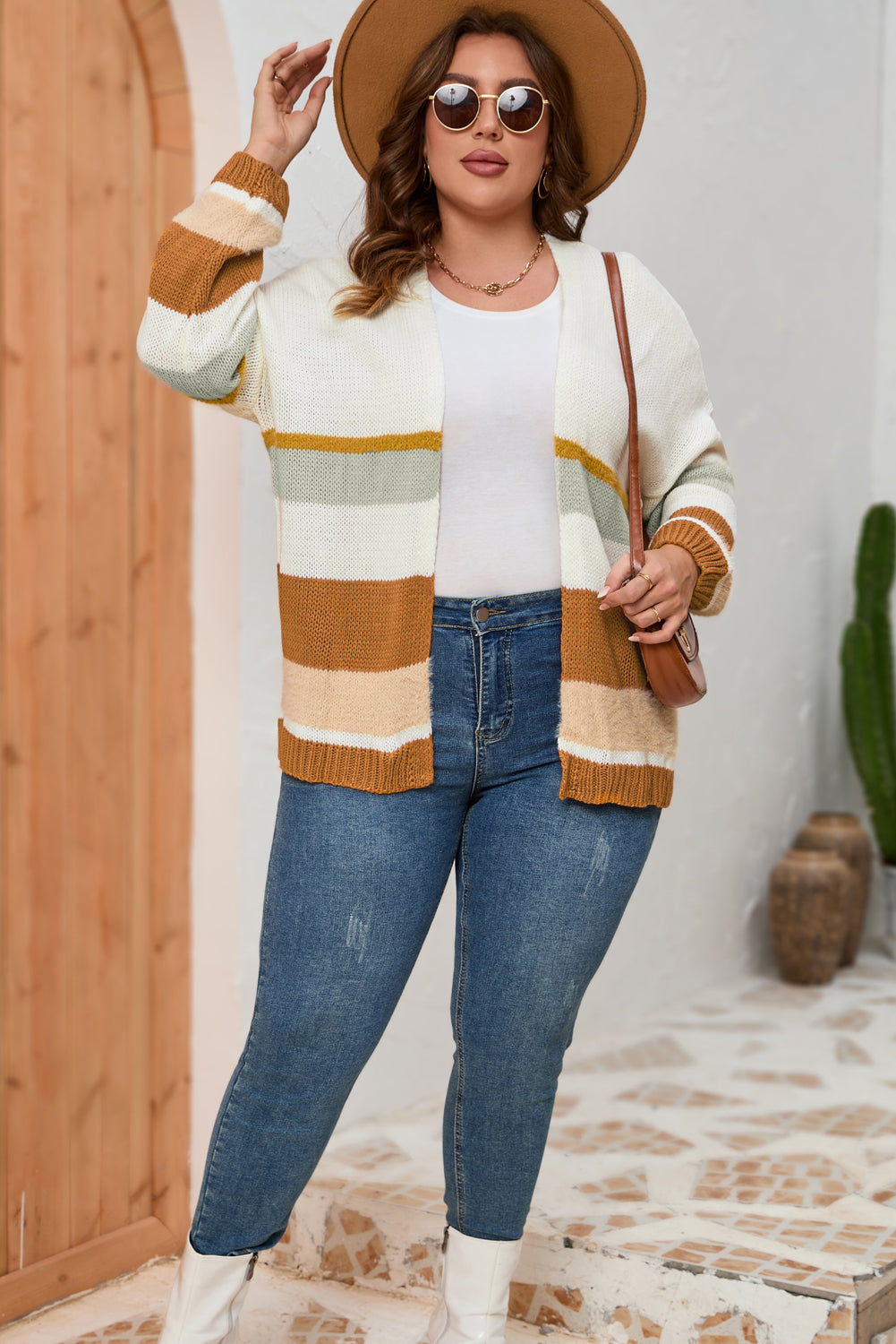 Plus Size Striped Print Open Front Cardigan | Beige