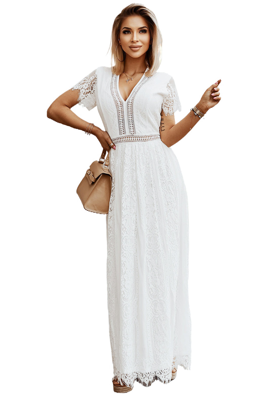 V Neck High Waist Lace Maxi Dress | White