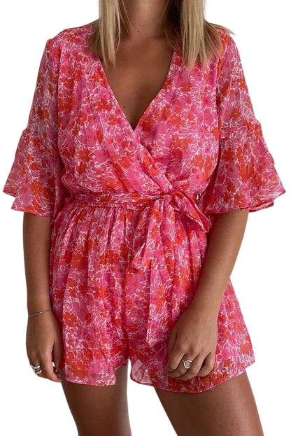 V Neck Ruffled Sleeve Floral Romper | Pink