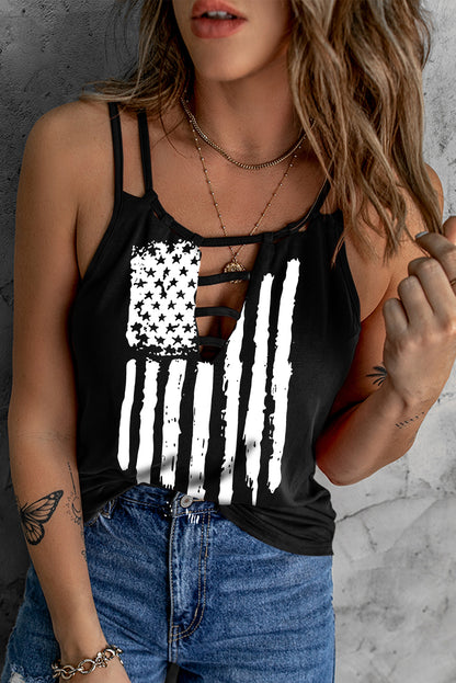 American Flag Print Cut Out Spaghetti Strap Tank Top | Black