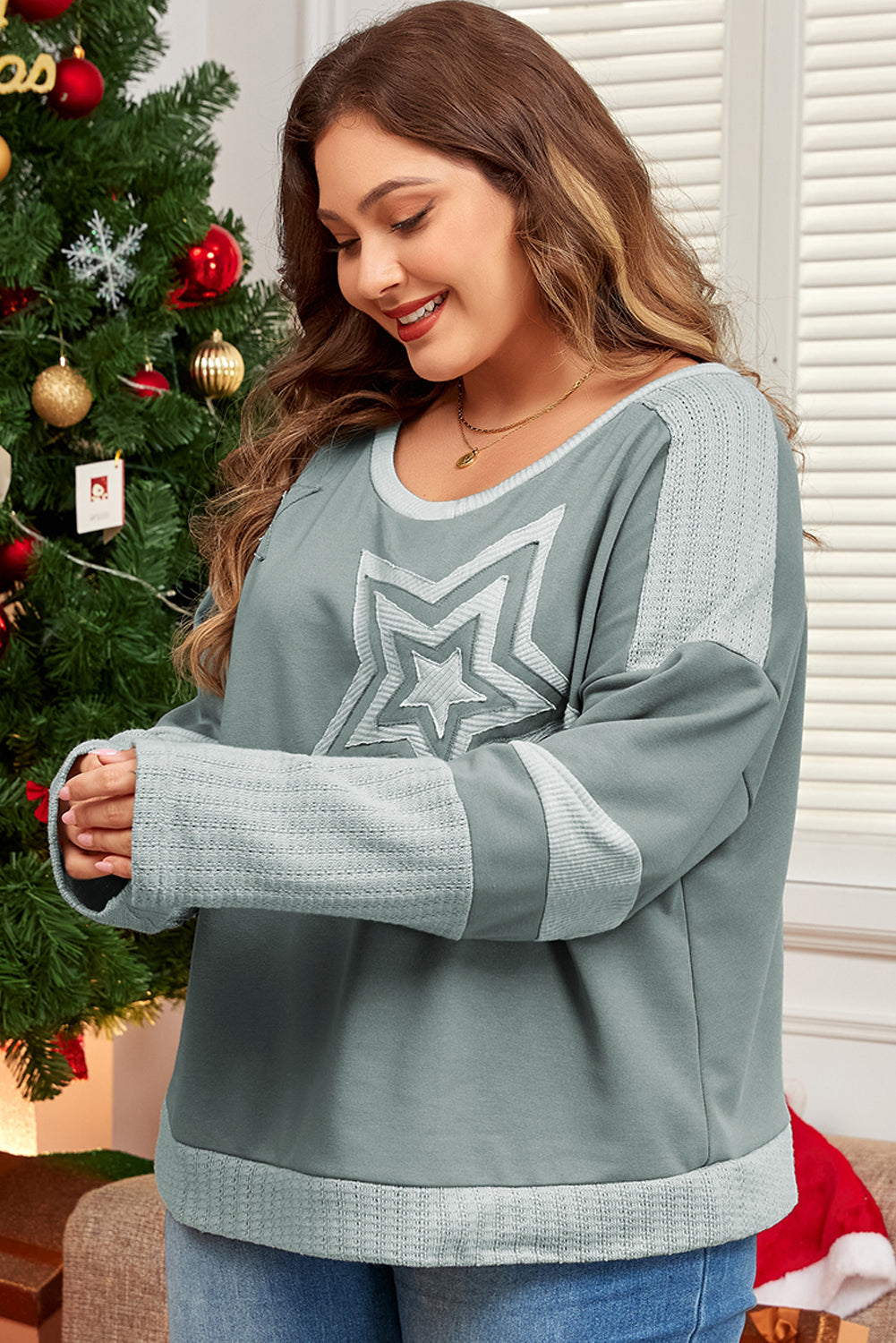 Stars Patchwork Round Neck Plus Size T Shirt | Mist Green