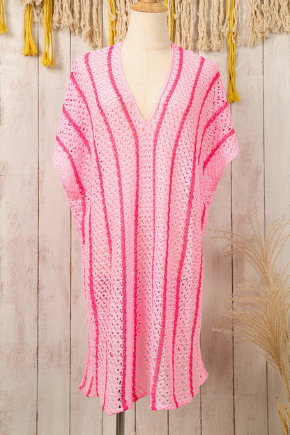 Striped Crochet Loose Fit V Neck Beach Cover Up | Pink