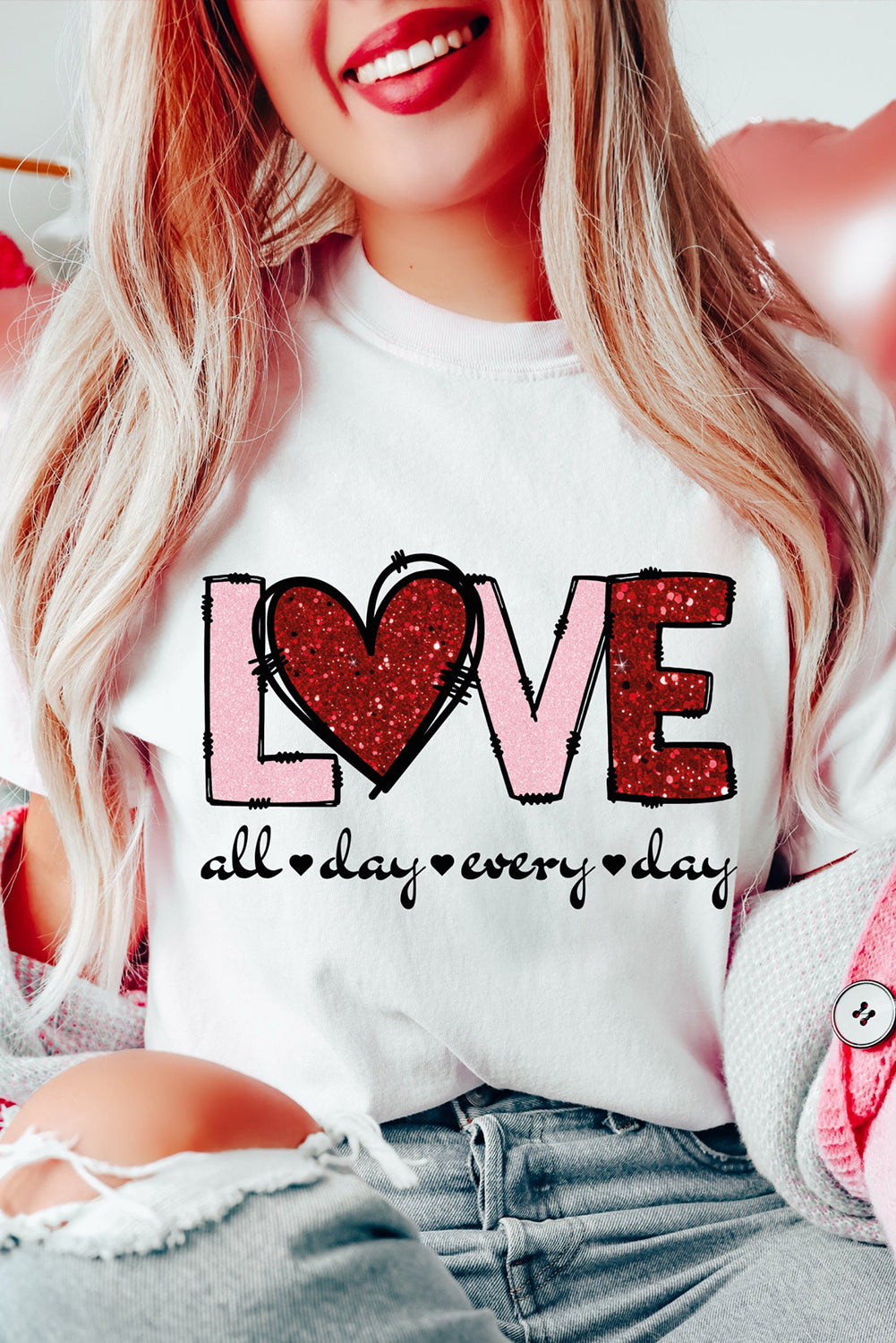 Valentine Love Heart Shape Crew Neck Graphic Tee | White