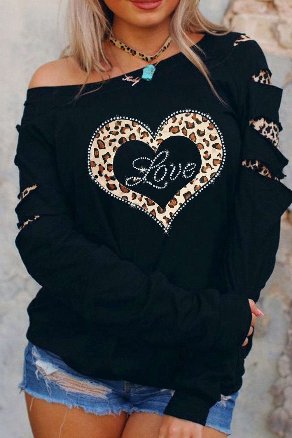 Black Leopard Rhinestone Heart Graphic Slash Sleeve Sweatshirt