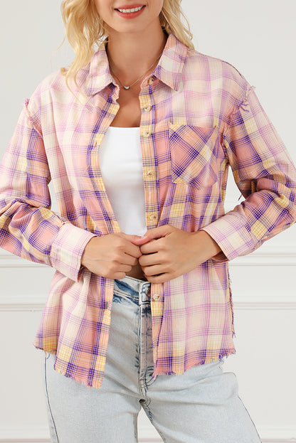 Purple Bleached Plaid Print Exposed Seam Shirt