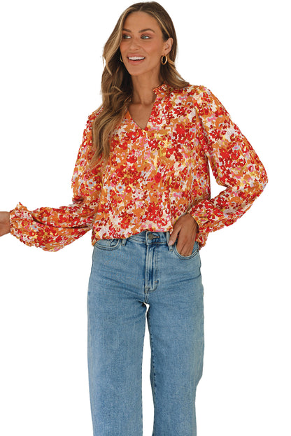 Frilled Split Neck Bubble Sleeve Floral Blouse | Grapefruit Orange