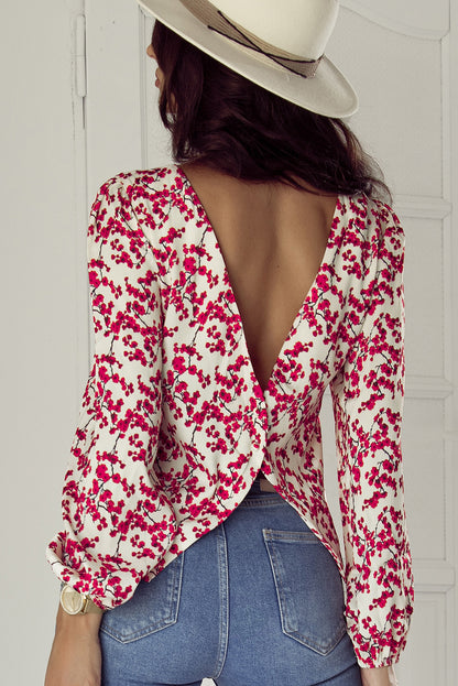 Floral Print Long Sleeve Open Back Blouse | Red