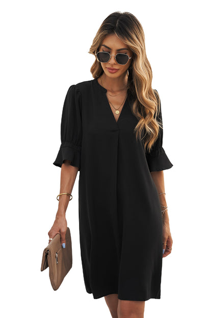 Ruffled Sleeve Shift Dress | Black