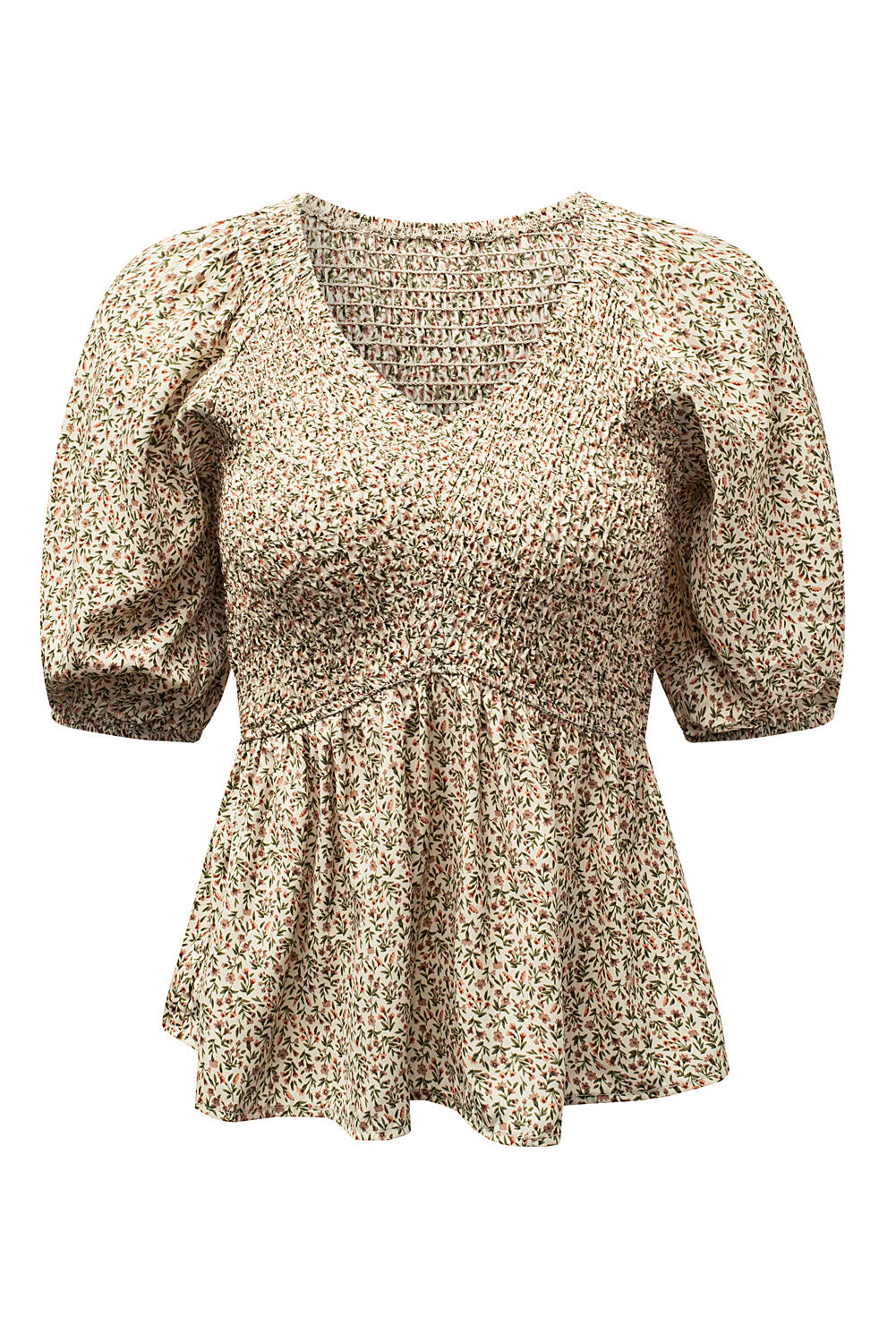 Floral Print Puff Sleeve Smocked Top | Green