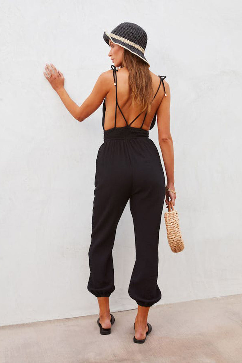 V Neck Knotted Shoulder Backless Pocket Jumpsuit | Black