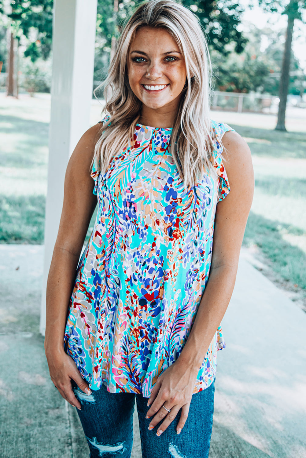 floral Print Tank Top With Ruffles | Sky Blue