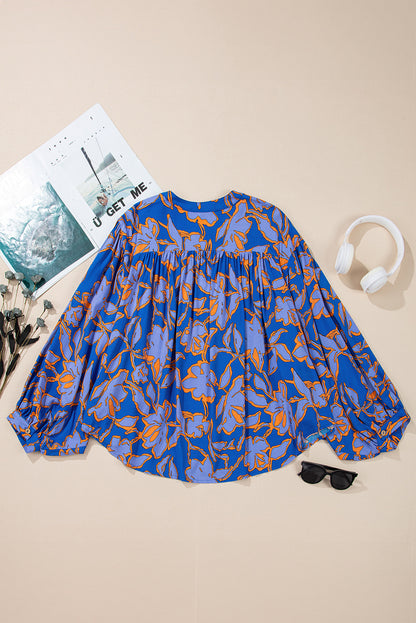 Floral Print Batwing Sleeve Buttoned Loose Fit Shirt | Blue