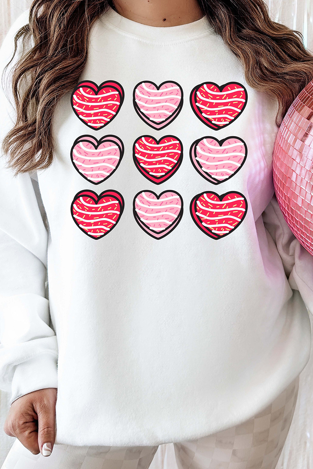 Heart Graphic Crewneck Valentines Pullover Sweatshirt | White