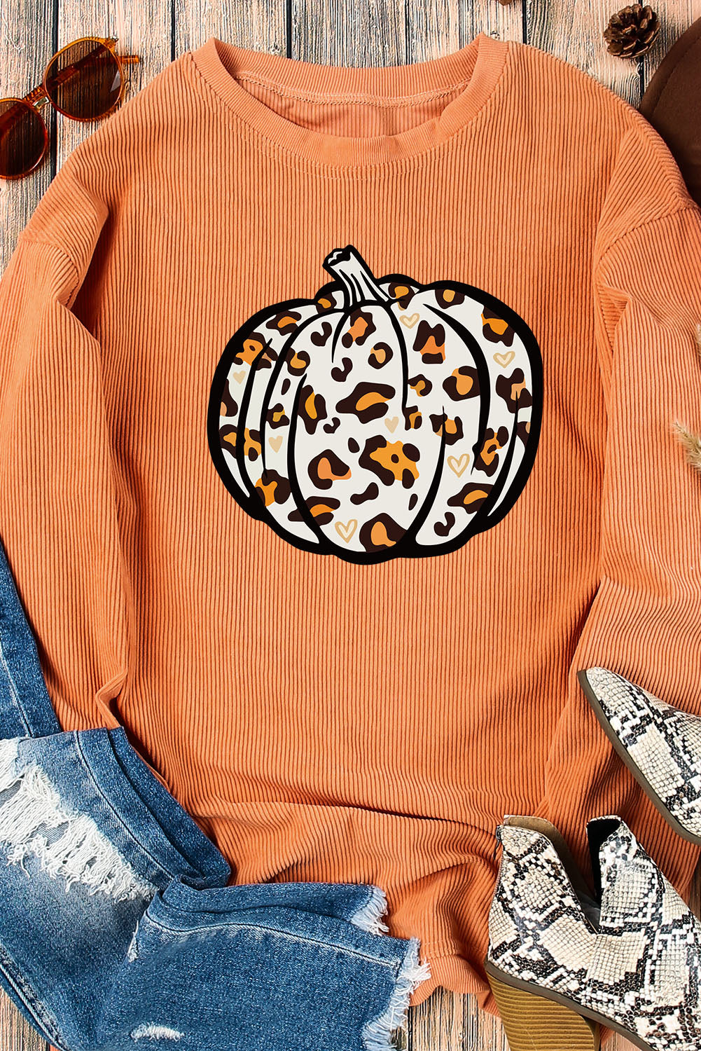 Leopard Pumpkin Graphic Corded Sweatshirt | Orange