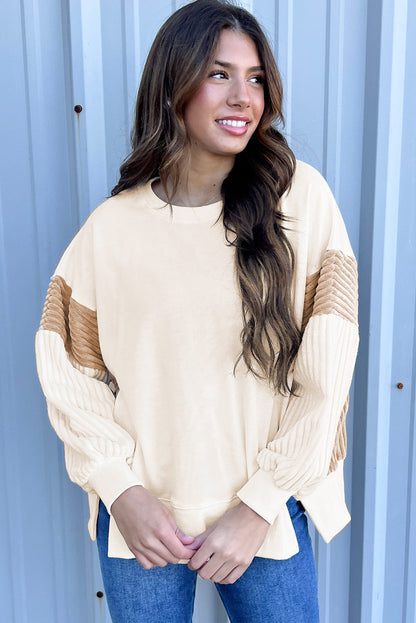 Corduroy Patchwork Drop Shoulder Long Sleeve Sweatshirt | Apricot