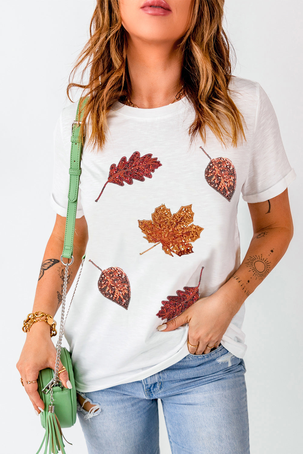 Halloween Sequined Leaves Graphic Crew Neck T Shirt | White