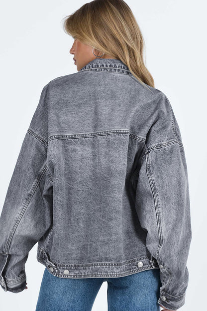 Chest Pockets Drop Shoulder Loose Denim Jacket | Gray