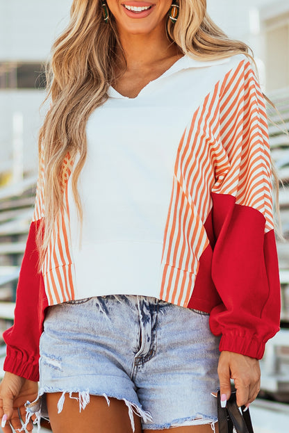 Striped Colour Block Collared V Neck Oversized Sweatshirt | White