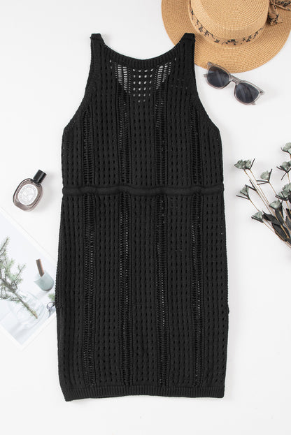 Crochet Hollow-Out Sleeveless Beach Dress With Drawstring | Black