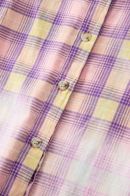 Bleached Plaid Print Exposed Seam Shirt | Purple