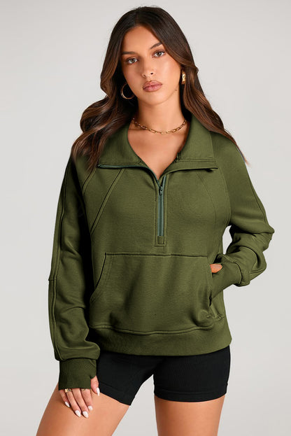 Quarter Zip Stand Neck Kangaroo Pocket Sweatshirt | Moss Green