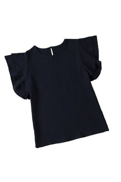 Textured Tiered Ruffled Short Sleeve Blouse | Black