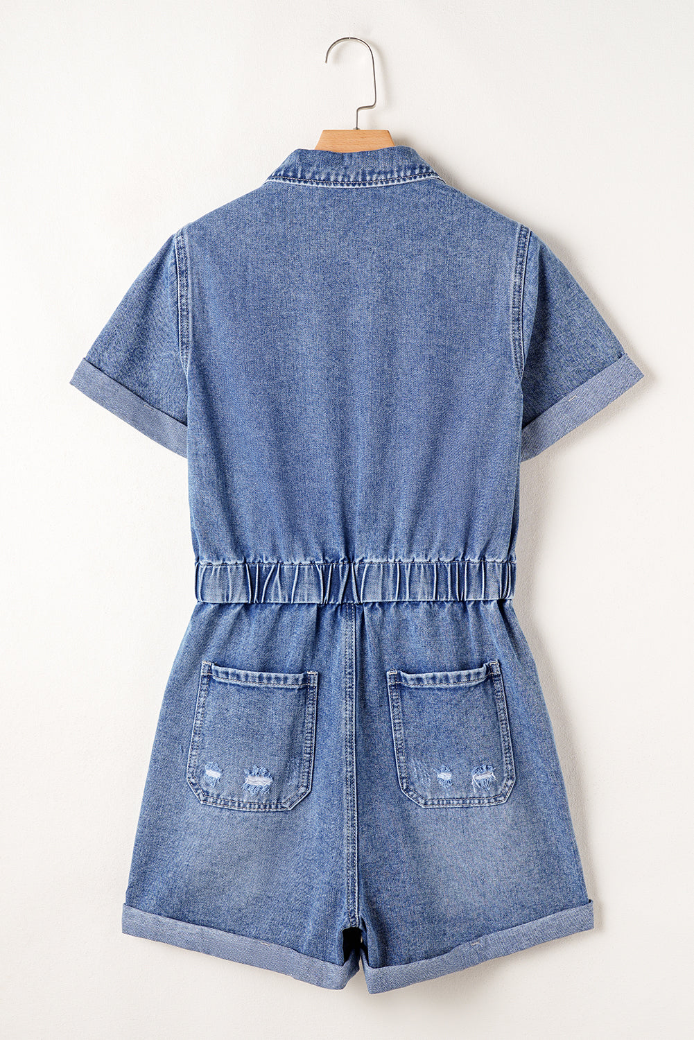 Chest Pocket Front Buttoned Folded Edge Denim Short Sleeve Romper | Dusk Blue