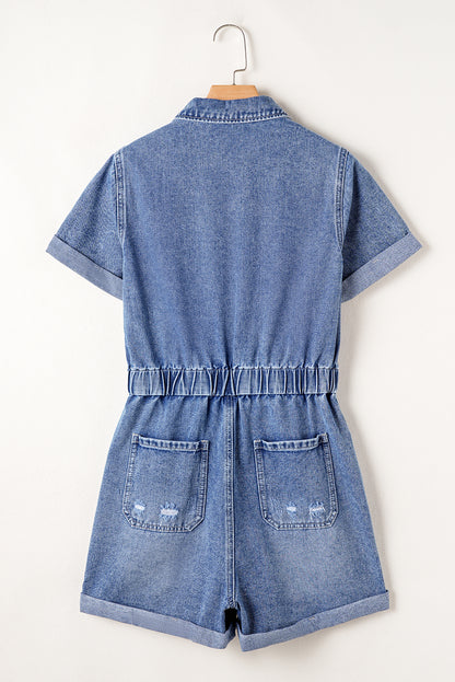 Chest Pocket Front Buttoned Folded Edge Denim Short Sleeve Romper | Dusk Blue