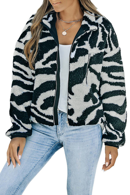 Zebra Teddy Zip-Up High Neck Jacket | Black