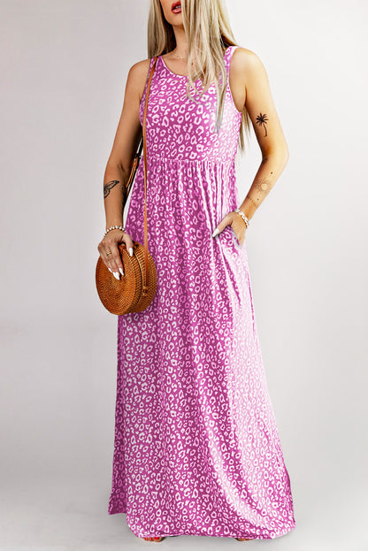 Leopard Print Pocketed Sleeveless Maxi Dress | Rose