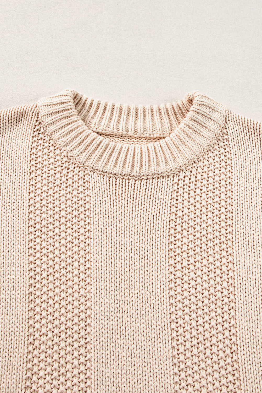 Solid Colour Cable Knit Ribbed Loose Sweater | Pale Khaki