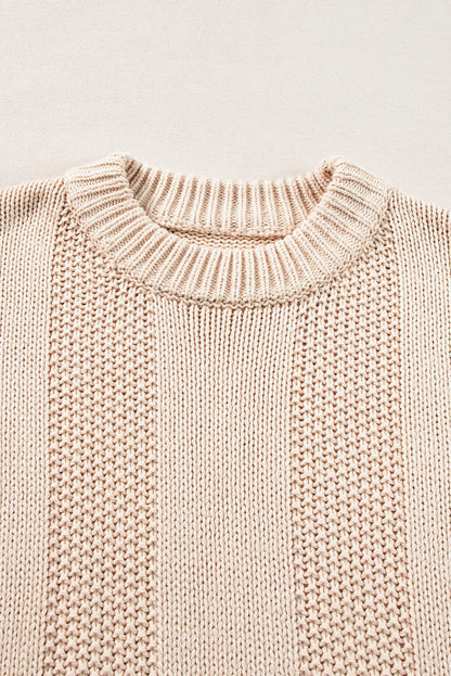 Solid Colour Cable Knit Ribbed Loose Sweater | Pale Khaki