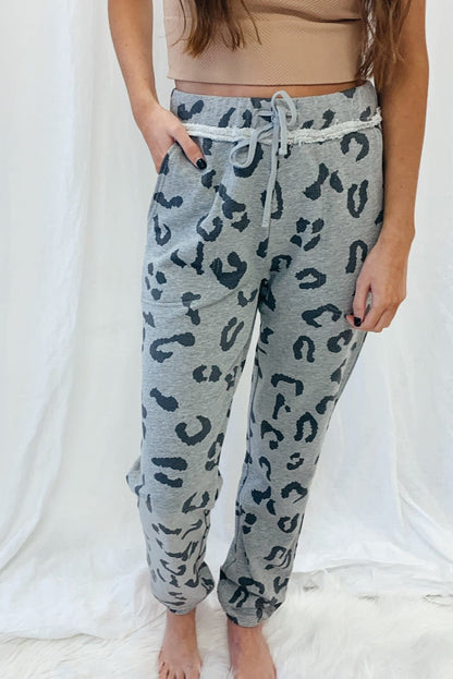 Leopard Print Drawstring High Waist Jogger Pants | Gray