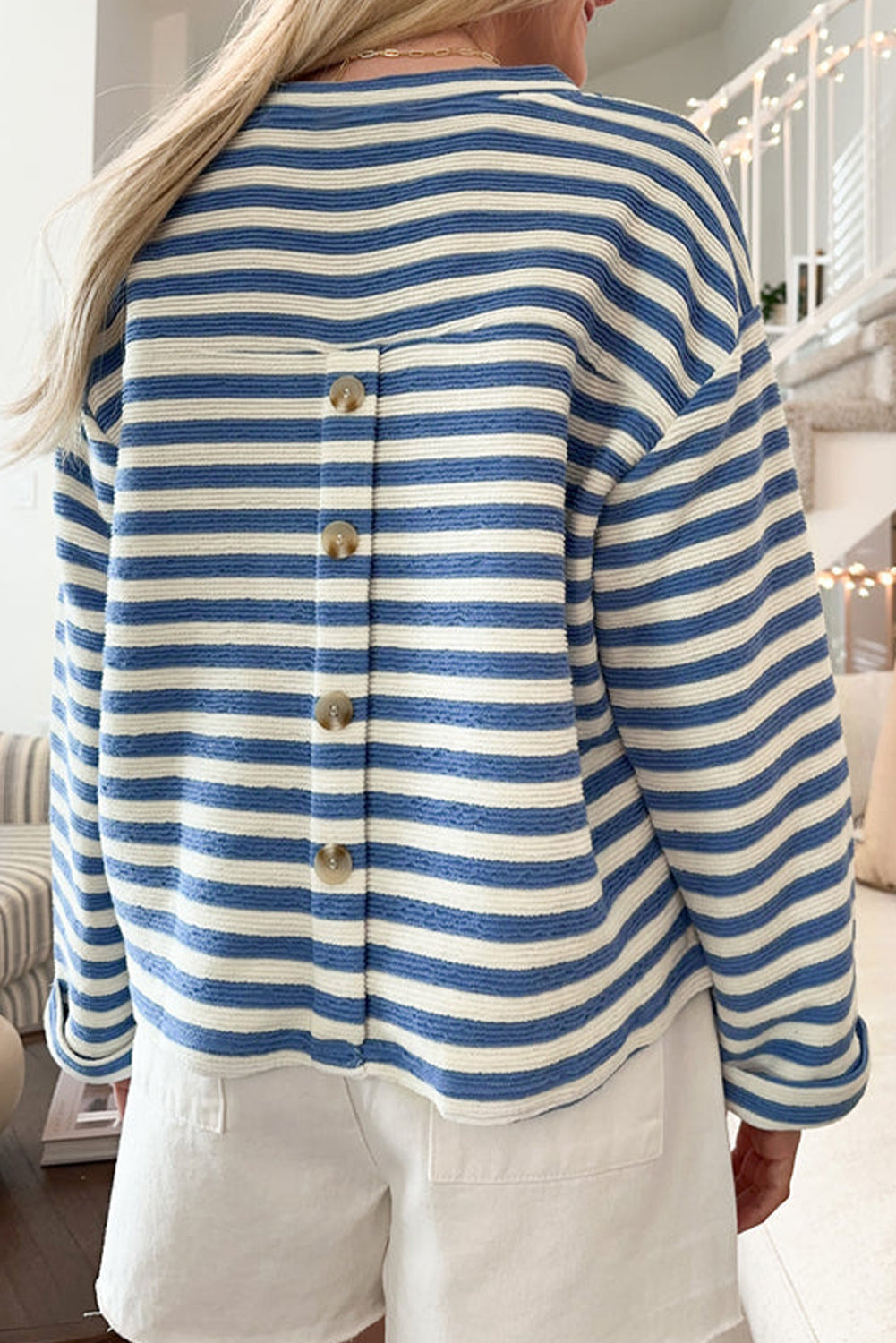 Chest Pocket Buttoned Back Notched V Neck Top | Sky Blue Stripe