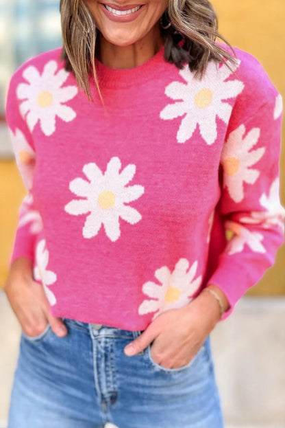 Daisy Flower Crew Neck Long Sleeve Sweater | Bright Pink