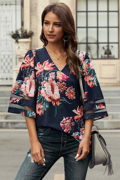 Fiery  3/4 Flared Sleeve Floral Blouse | Red