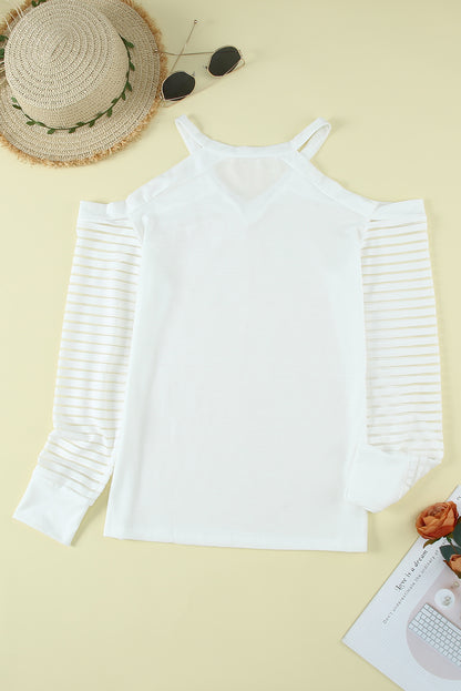 Mesh Striped Cut-Out Cold Shoulder Long Sleeve T-Shirt | White