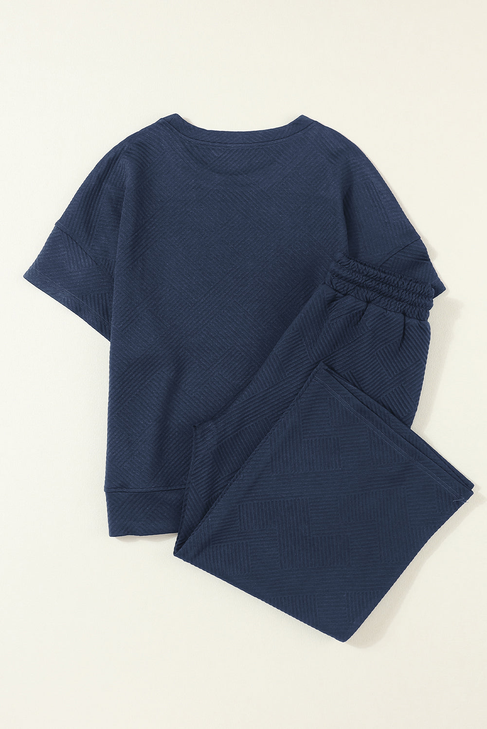 Textured Loose Fit T Shirt And Drawstring Pants Set | Navy Blue