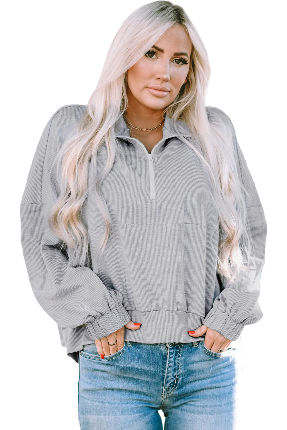 Ultra Loose Dolman Sleeve Quarter Zip Sweatshirt | Gray