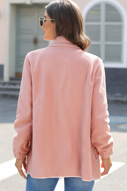 Pink Sherpa Contrast Trim Zipped Pocket Jacket | Apricot Powder