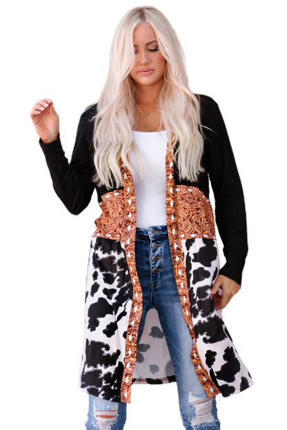 Western Pattern Cow Patchwork Open Front Cardigan | Black