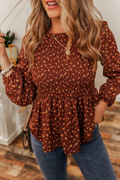 Boho Floral Smocked Bust Ruffled Peplum Blouse | Printed