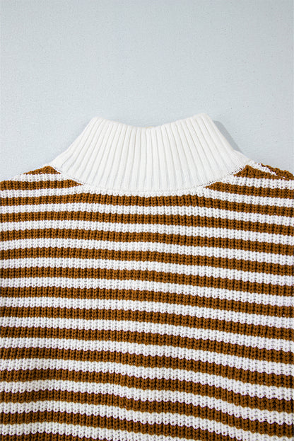 Zip Up Collar Drop Shoulder Sweater | Khaki Stripe