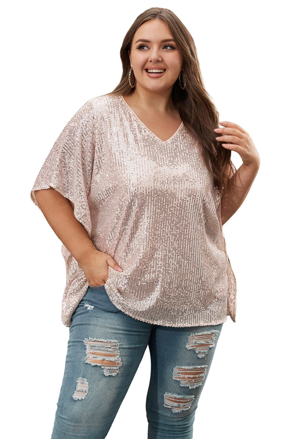 Plus Size Sequined V Neck Boxy Top | Apricot