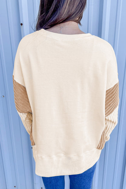 Corduroy Patchwork Drop Shoulder Long Sleeve Sweatshirt | Apricot