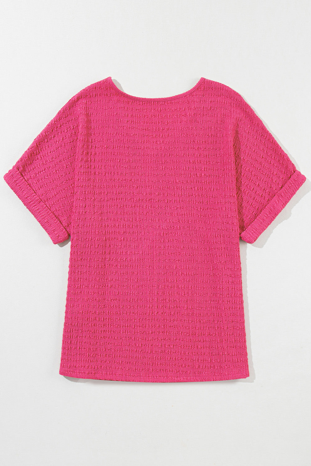 Textured Rolled Sleeve V Neck Tee | Bright Pink