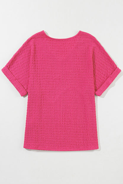 Textured Rolled Sleeve V Neck Tee | Bright Pink