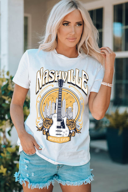 Music City Nashville Guitar Graphic T Shirt | White