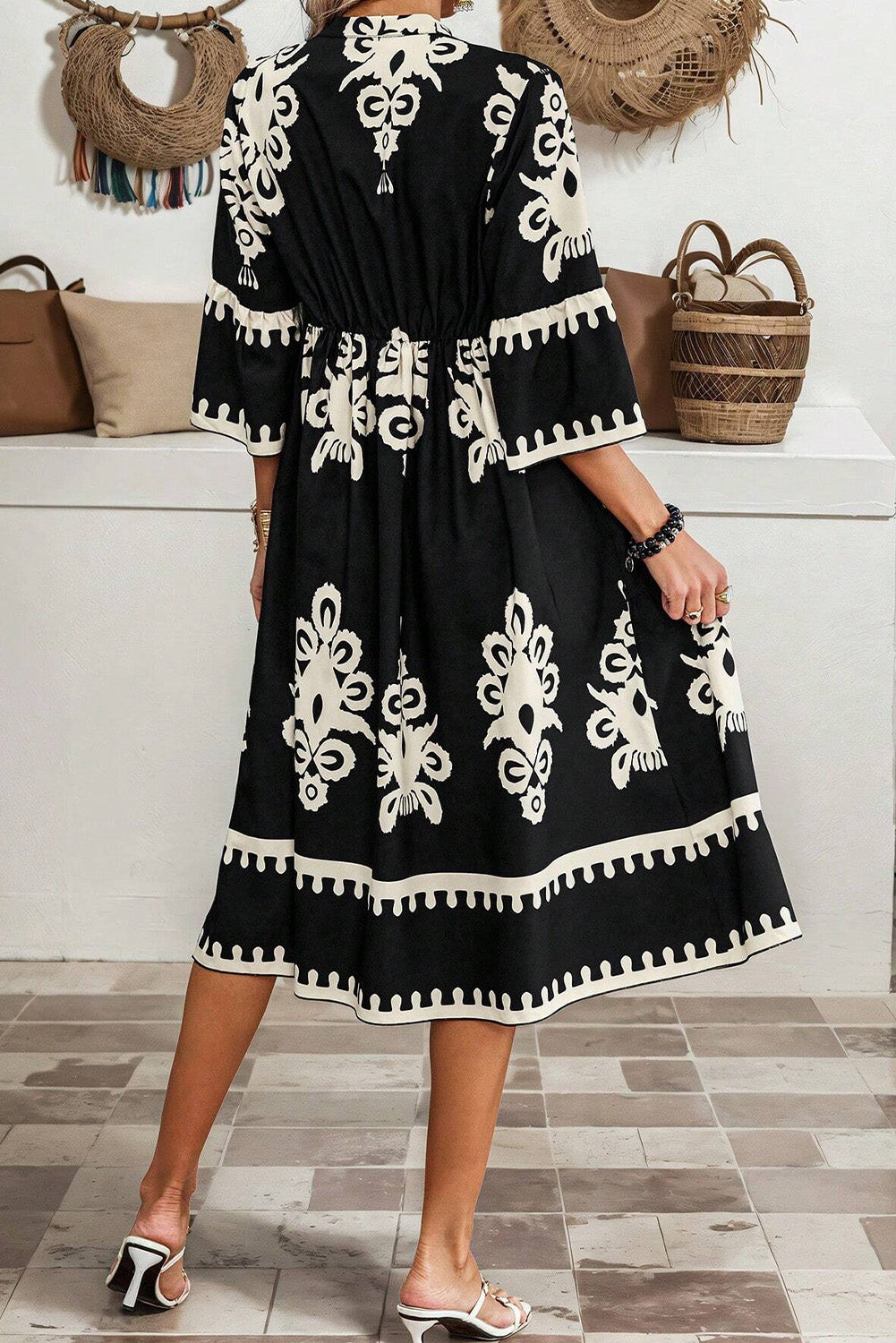 Western Geometric Print 3/4 Sleeve Loose Midi Dress | Black