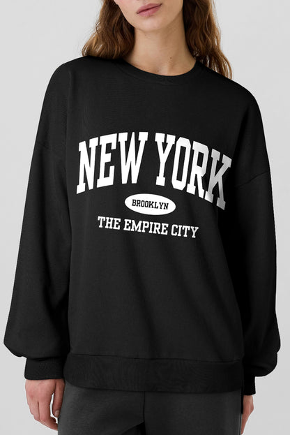 Black NEW YORK BROOKLYN Letter Graphic Drop Shoulder Sweatshirt